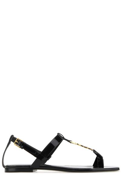 SAINT LAURENT Black Patent Leather Square Toe Sandals with Metallic YSL Logo