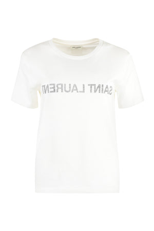 SAINT LAURENT Printed Cotton T-Shirt with Reverse Print and Raw Cut Hemline for Women