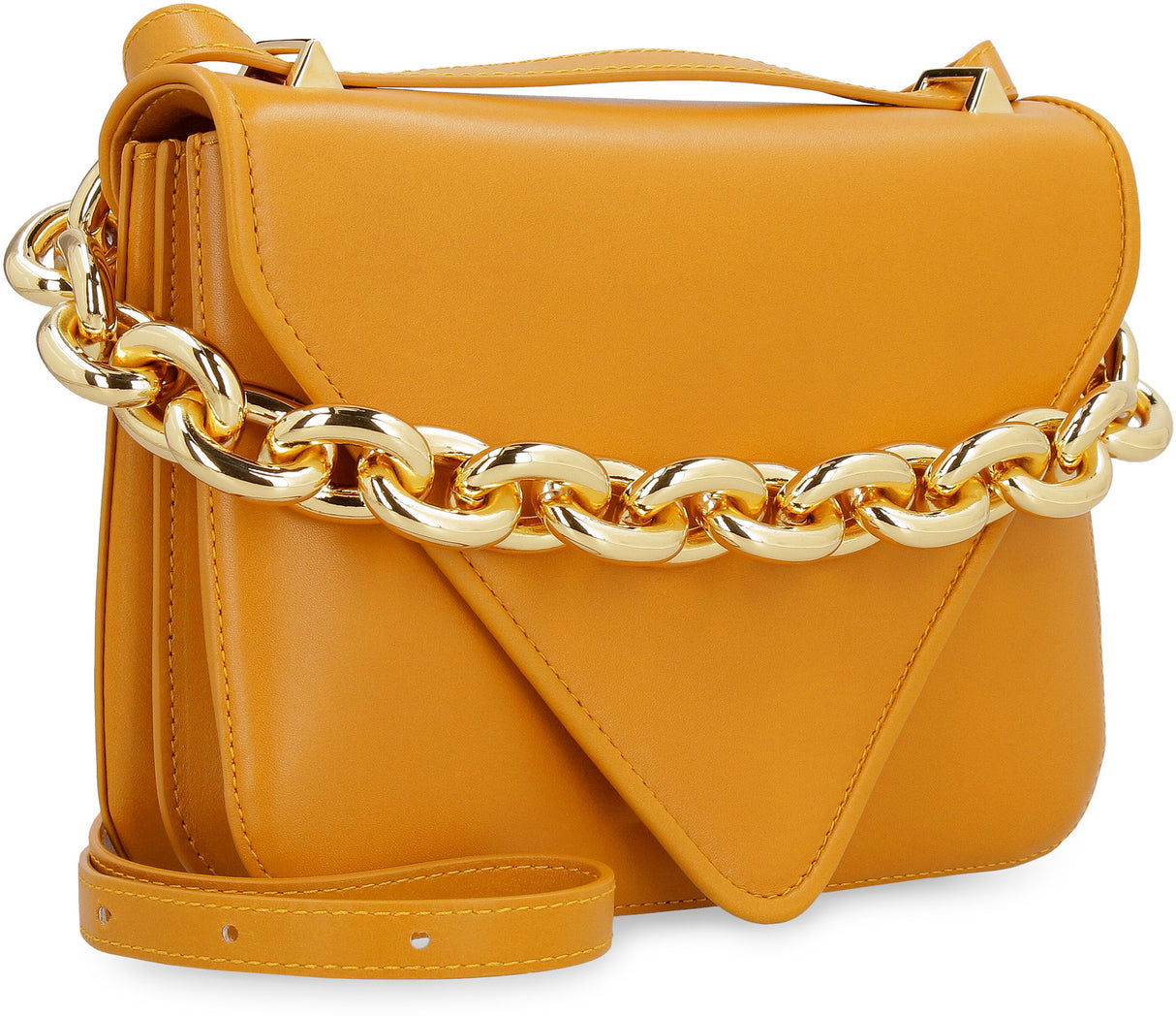 BOTTEGA VENETA Mustard Leather Envelope Handbag - Chain Handle, Adjustable Strap, Gold-Tone Hardware