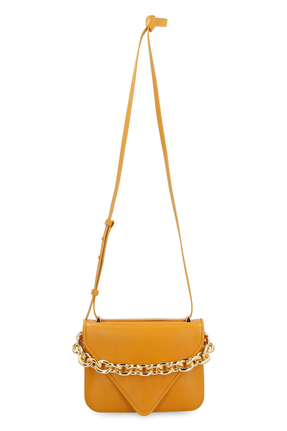 BOTTEGA VENETA Mustard Leather Envelope Handbag - Chain Handle, Adjustable Strap, Gold-Tone Hardware