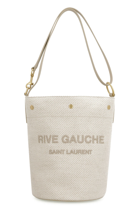 SAINT LAURENT Rive Gauche Bucket Handbag - Canvas and Leather, Snap Closure, Internal Zipper, Adjustable Shoulder Strap