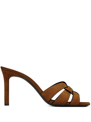 SAINT LAURENT Beige Suede Square Toe Stiletto-Heel Sandals for Women