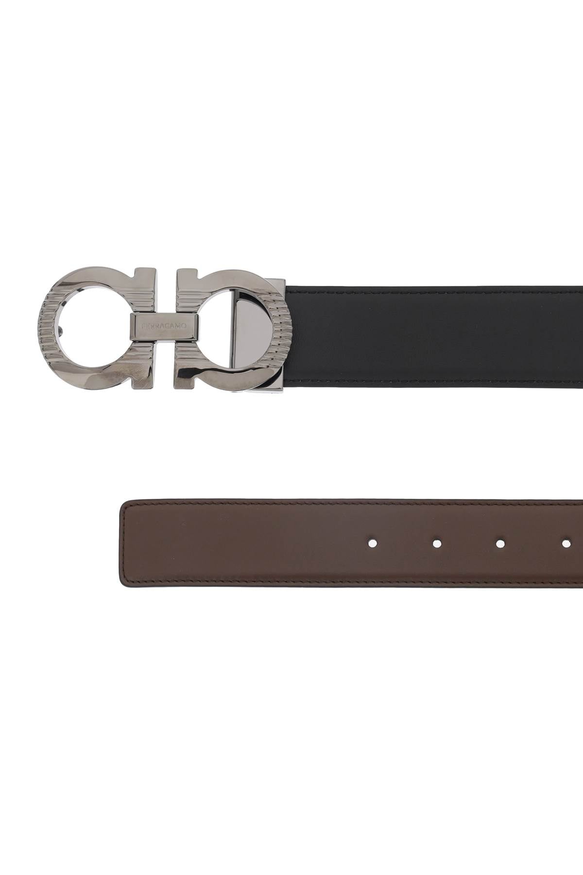 FERRAGAMO Bicolor Reversible Leather Belt with Ruthenium-Finished Buckle