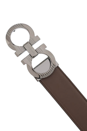 FERRAGAMO Bicolor Reversible Leather Belt with Ruthenium-Finished Buckle