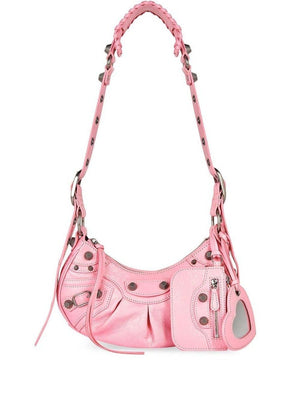BALENCIAGA Elegant Pink Leather Crossbody Handbag with Metal Studs and Buckles