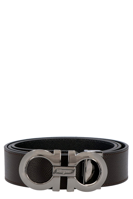 Ferragamo Reversible Leather Belt with Dark-Tone Metal Buckle - 9x4.5 cm