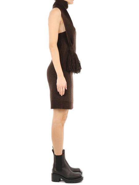 BOTTEGA VENETA Brown One Shoulder Dress in Shetland Wool with Button and Tassel Detail