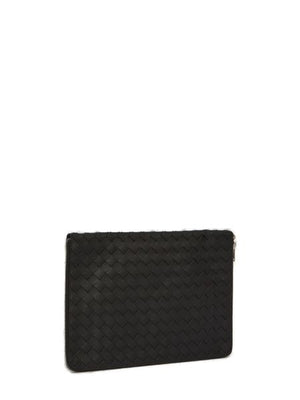 BOTTEGA VENETA Men's Black Leather Pouch Handbag with Intrecciato Pattern and Silver-Tone Hardware