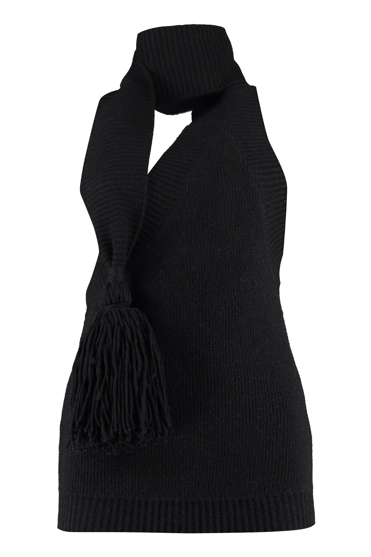 BOTTEGA VENETA FASHION FORWARD: Black One-Shoulder Knit Top with Pussy-Bow Collar and Tassel Detail