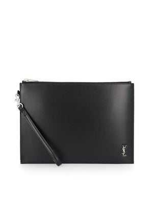 SAINT LAURENT Men's Black Leather Monogram Zipped Clutch for FW23