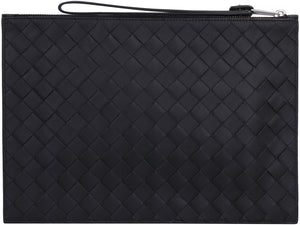 BOTTEGA VENETA Men's Black Leather Pouch Handbag - Intrecciato Design, Top Zip Closure, Wrist Strap