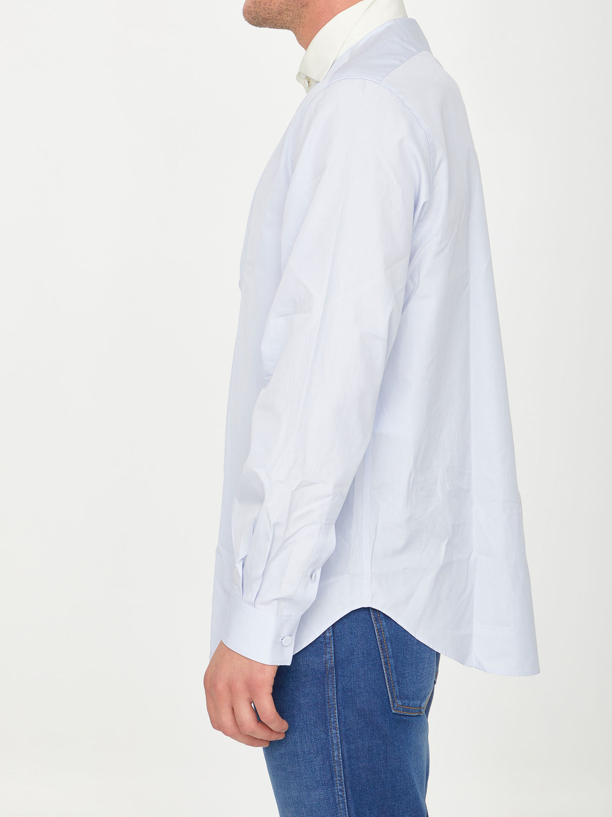 GUCCI Men's Cotton Poplin Shirt with Pleated Front Panel and Contrasting Collar - Light Blue