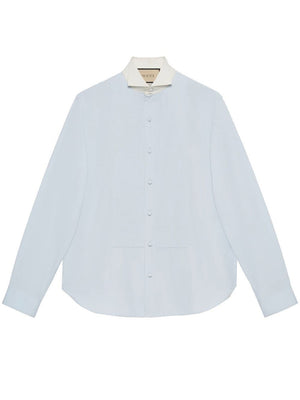GUCCI Men's Cotton Poplin Shirt with Pleated Front Panel and Contrasting Collar - Light Blue