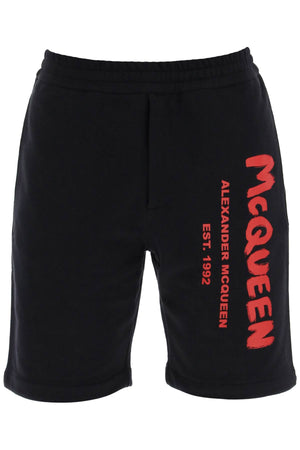 ALEXANDER MCQUEEN Men's Logo-Print Cotton Shorts in Navy Blue/Green