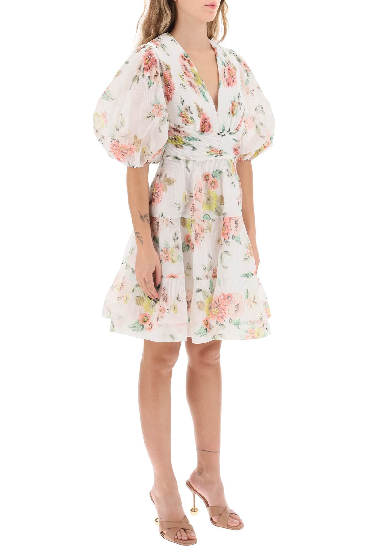 ZIMMERMANN Floral Print Pleated Dress with Balloon Sleeves in White