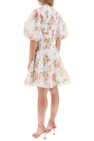 ZIMMERMANN Floral Print Pleated Dress with Balloon Sleeves in White