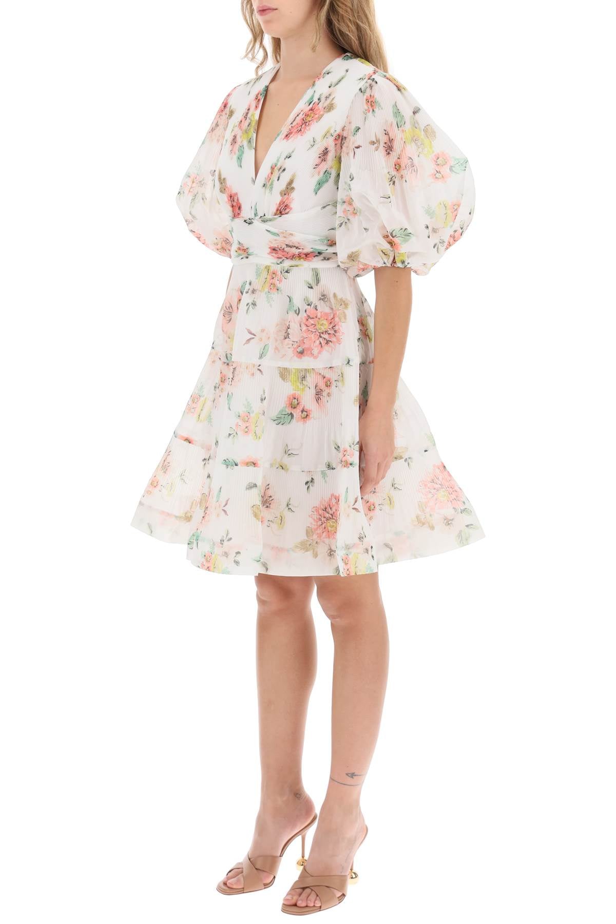 ZIMMERMANN Floral Print Pleated Dress with Balloon Sleeves in White