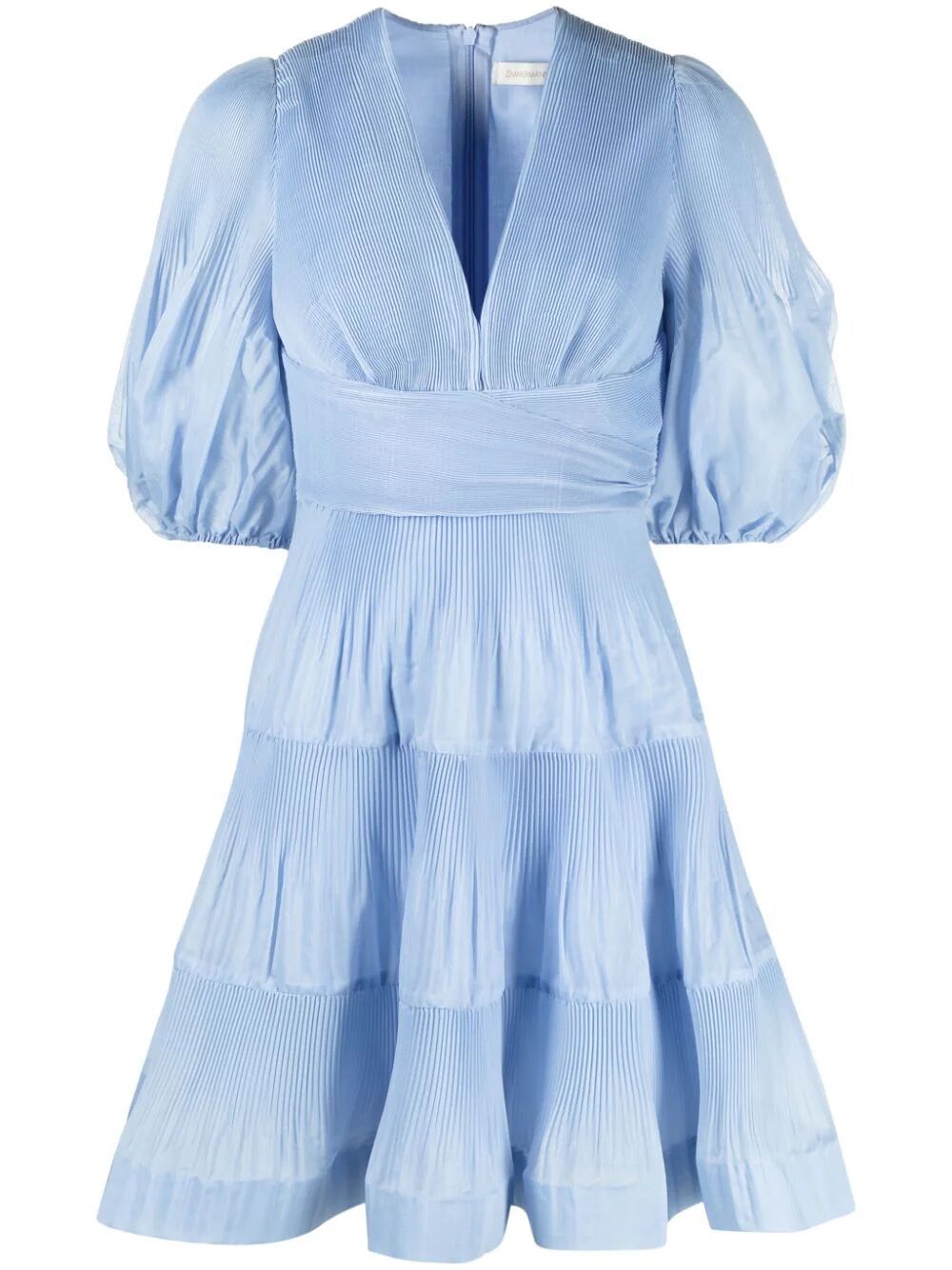 ZIMMERMANN Blue Puff Sleeve Pleated Minidress for Women - SS24 Collection
