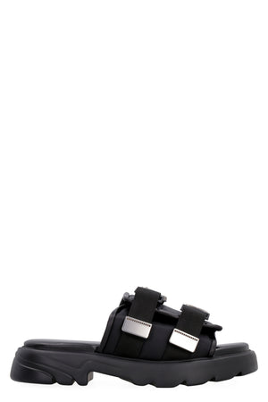 BOTTEGA VENETA Men's Black Technical Fabric Sandals with Leather Trimming and Velcro Fastening