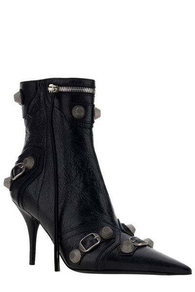 BALENCIAGA Studded Black Pointy Ankle Boots with Side Zip Closure and Stiletto Heels for Women