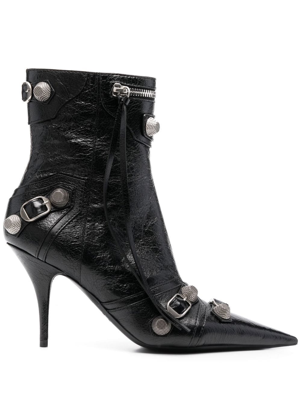 BALENCIAGA Women's Black Pointed Toe Ankle Boots with Stud, Tassel, and Zip Detailing