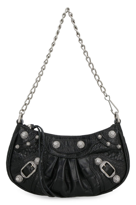 BALENCIAGA Mini Croco-Print Leather Shoulder Bag with Chain Handle and Silver-Tone Accents, Black