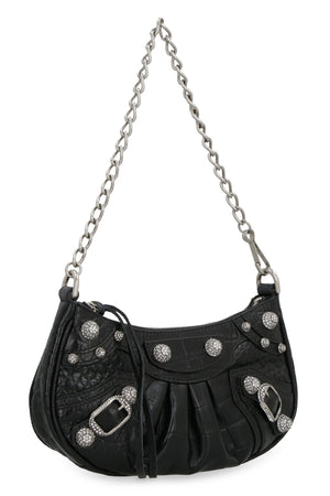 BALENCIAGA Mini Croco-Print Leather Shoulder Bag with Chain Handle and Silver-Tone Accents, Black