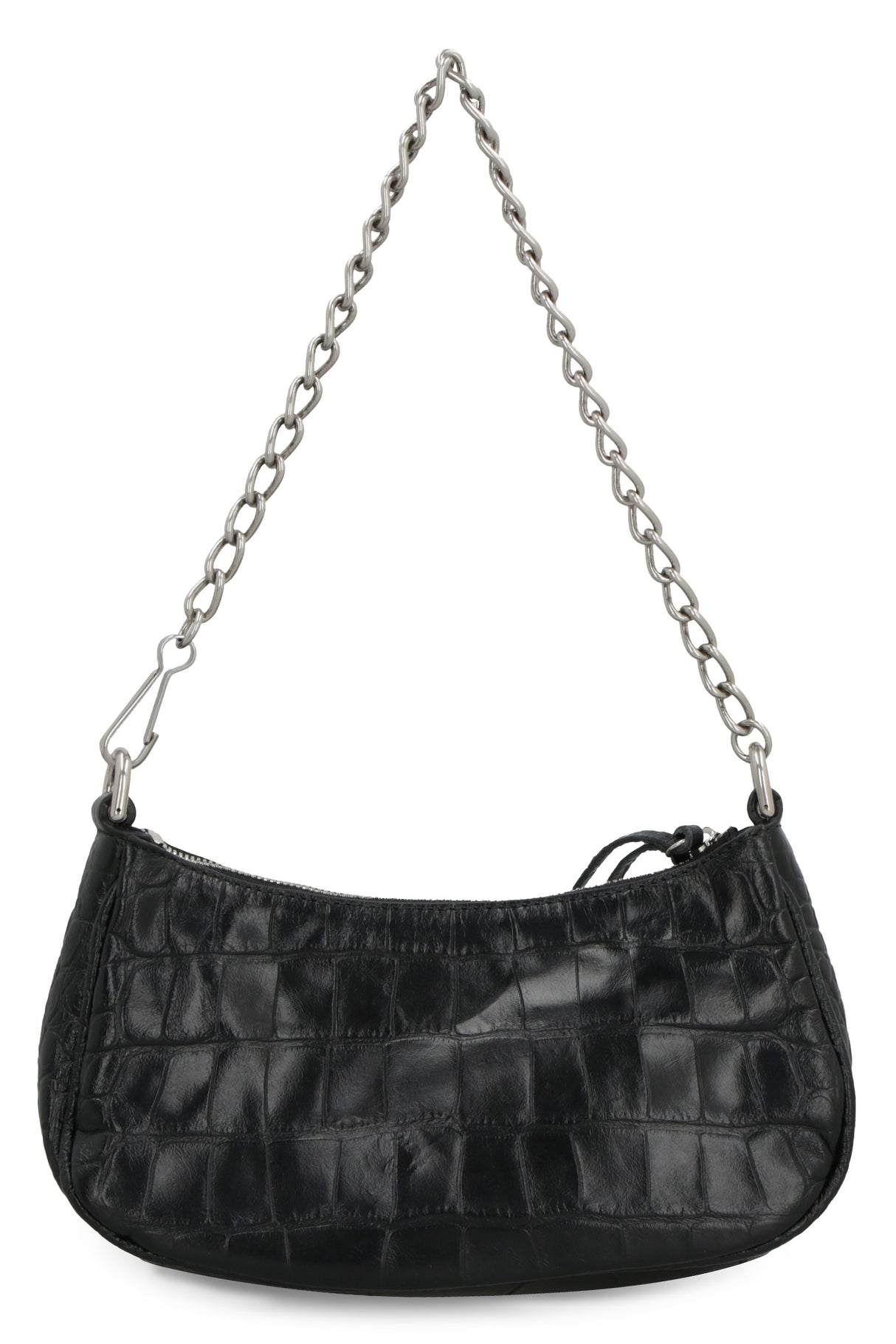 BALENCIAGA Mini Croco-Print Leather Shoulder Bag with Chain Handle and Silver-Tone Accents, Black