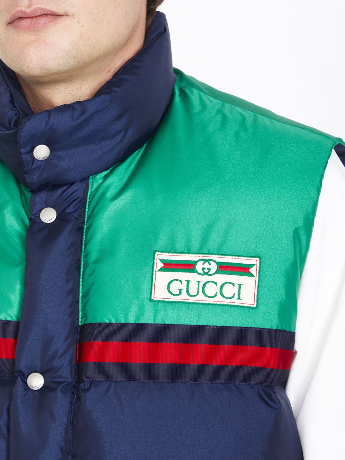 GUCCI Dark Blue and Green Nylon Padded Vest with Vintage Logo and Web Detail for Men