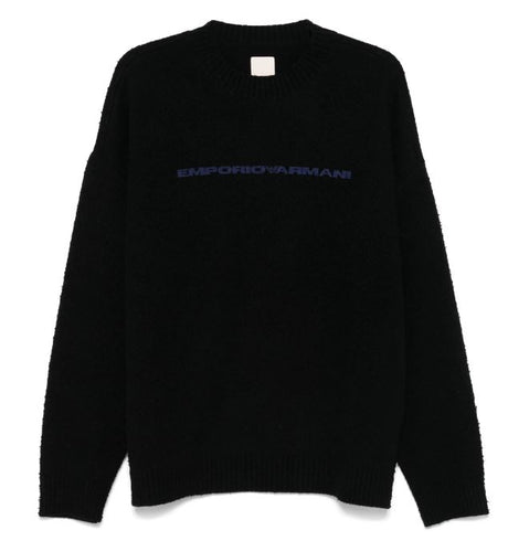 EMPORIO ARMANI Men's Black Wool Blend Logo Knit Sweater