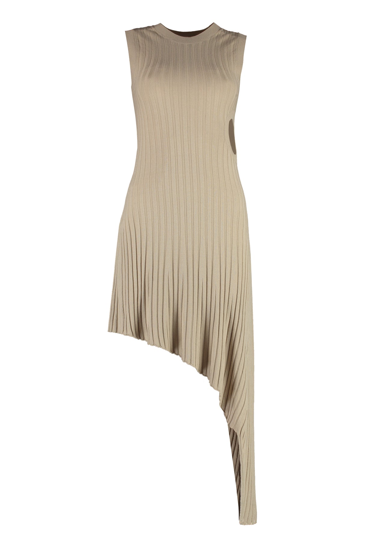 STELLA MCCARTNEY Beige Ribbed Knit Dress with Cut-Out Detail and Asymmetrical Hem