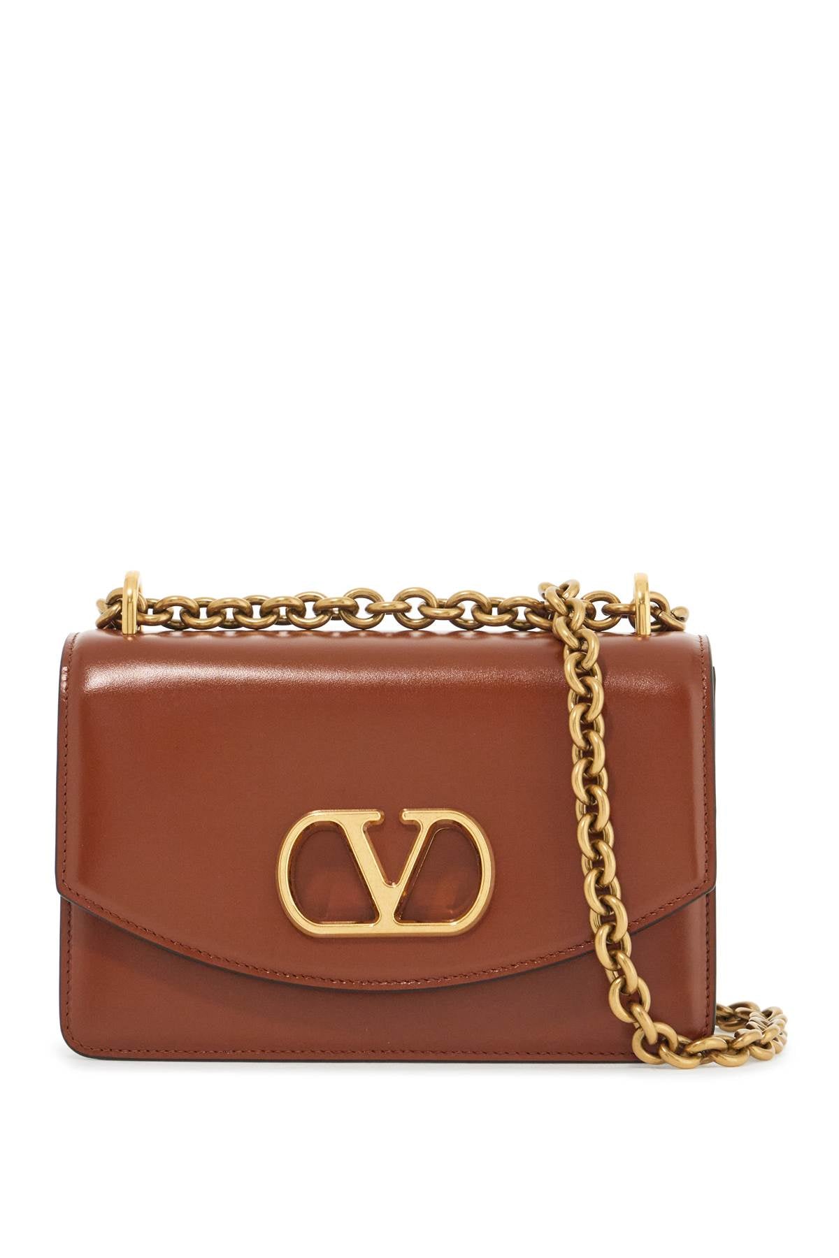 VALENTINO GARAVANI Glossy Leather Shoulder Handbag with Elegant Chain Detail