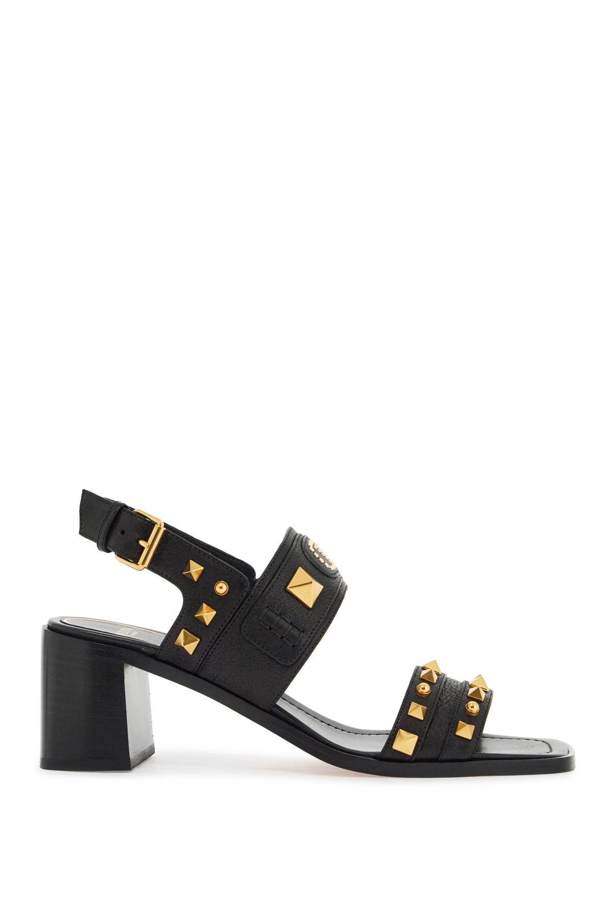 VALENTINO GARAVANI Chic Black Leather Sandals with Golden Studs and Square Heel