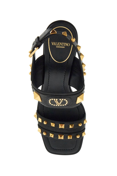 VALENTINO GARAVANI Chic Black Leather Sandals with Golden Studs and Square Heel