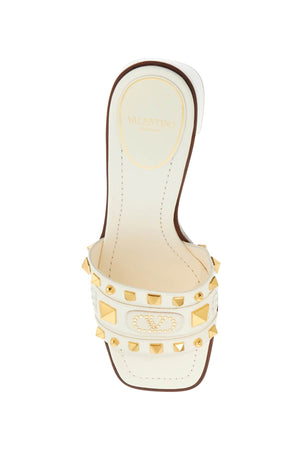 VALENTINO GARAVANI Ivory Leather Slide Sandals with Golden Studs and Low Heel