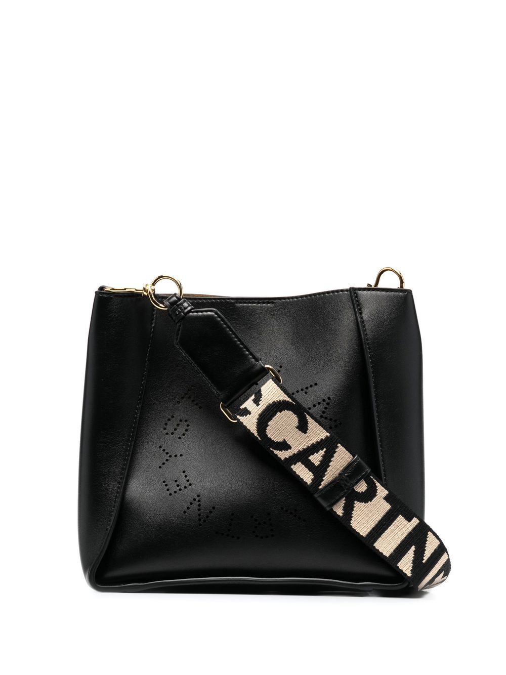 STELLA MCCARTNEY Mini Black Faux Leather Crossbody Bag with Perforated Logo and Gold-Tone Accents