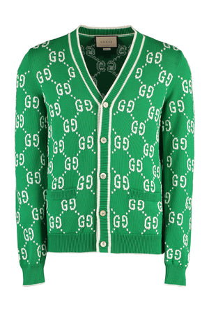 GUCCI Green Men's Cotton Cardigan with Ribbed Knit Edges