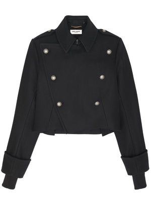 SAINT LAURENT Classic Black Wool and Silk Detachable Hood Jacket for Women