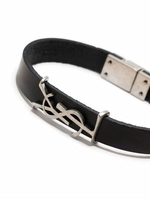 SAINT LAURENT Black Leather Bracelet with Silver Logo for Men from FW23 Collection