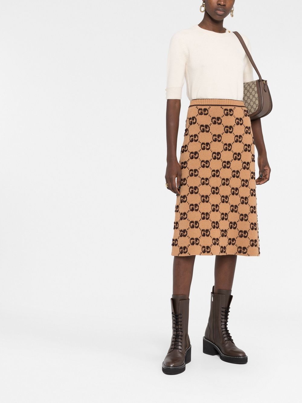 GUCCI Sand Beige Wool Midi Skirt with Jacquard Pattern and Stripe Trim