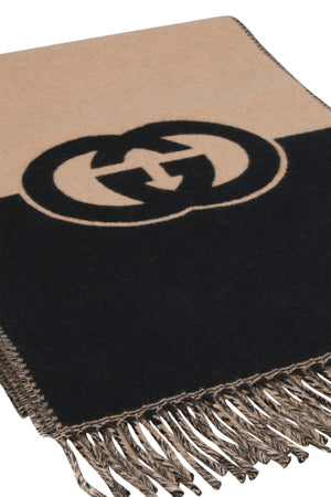 GUCCI Beige Wool Scarf for Men with Fringed Edges