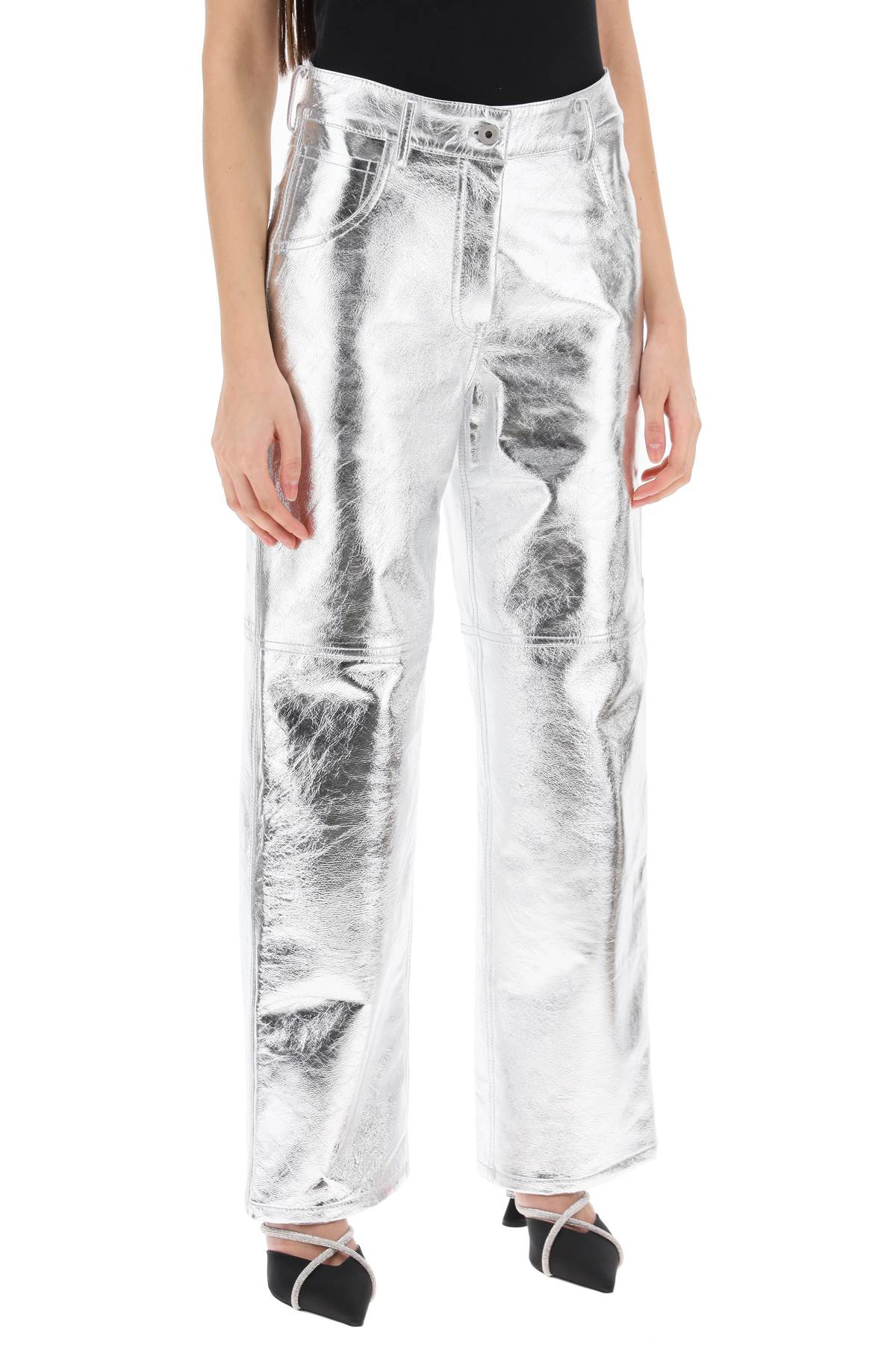 INTERIOR Silver Laminated Leather Pants for Women - Workwear-Inspired Five-Pocket Design