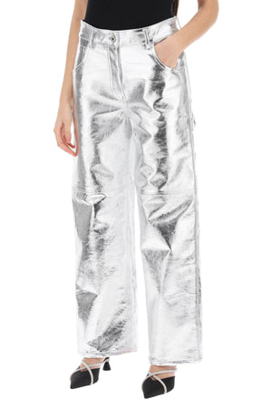 INTERIOR Silver Laminated Leather Pants for Women - Workwear-Inspired Five-Pocket Design