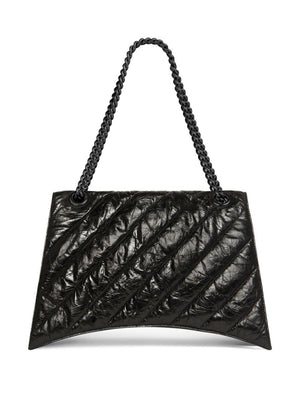 BALENCIAGA Quilted Crush Calfskin Large Handbag with Chain Handle and Metal Logo, Black - 39.9x24.9x12.9 cm