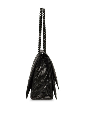 BALENCIAGA Quilted Crush Calfskin Large Handbag with Chain Handle and Metal Logo, Black - 39.9x24.9x12.9 cm