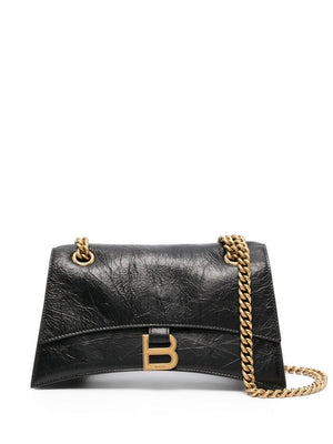 BALENCIAGA Black Calfskin Crush Mini Shoulder Bag with Antique-Gold Accents and Adjustable Chain - 14x25x8.5 cm