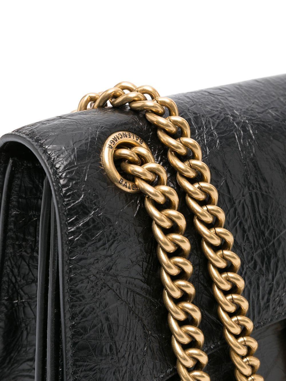 BALENCIAGA Black Calfskin Crush Mini Shoulder Bag with Antique-Gold Accents and Adjustable Chain - 14x25x8.5 cm