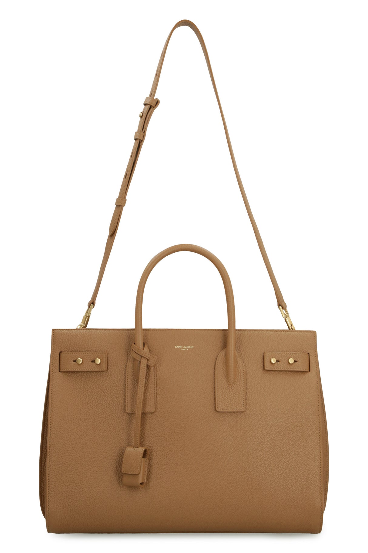 SAINT LAURENT Medium Cinnamon Grained Calfskin Handbag with Suede Lining and Detachable Strap, 36x27x19.5 cm