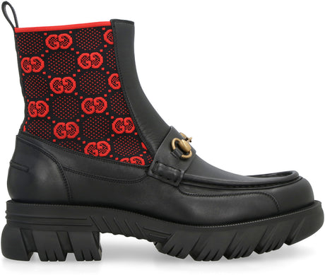 GUCCI Men's Black Leather Booties with GG Logo and Horsebit Detail