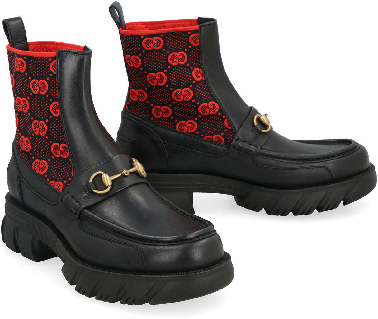 GUCCI Men's Black Leather Booties with GG Logo and Horsebit Detail